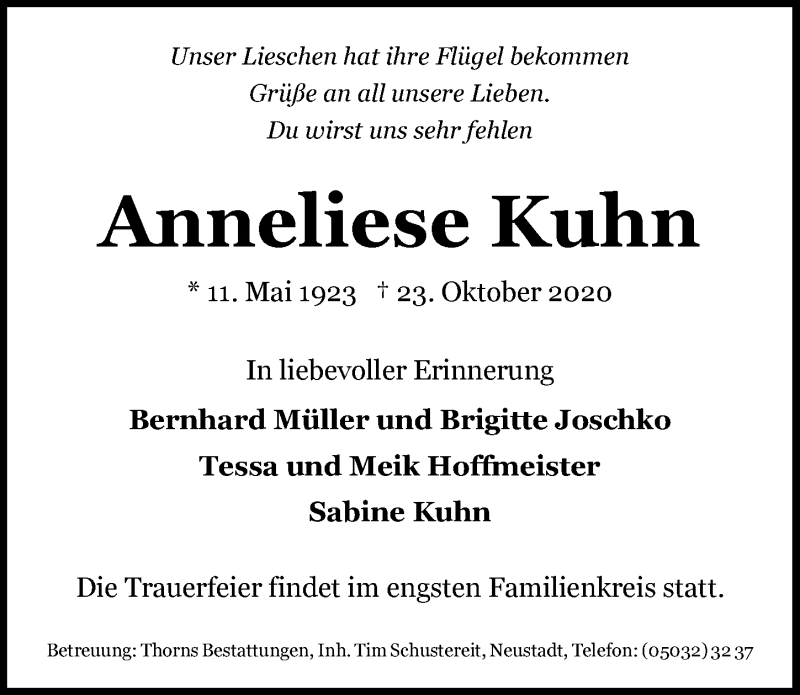  Traueranzeige für Anneliese Kuhn vom 06.11.2020 aus  Lokale Informationen 