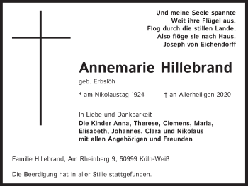 Anzeige von Annemarie Hillebrand von Kölner Stadt-Anzeiger / Kölnische Rundschau / Express