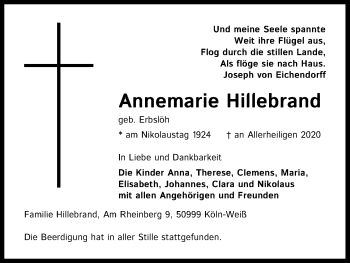 Anzeige von Annemarie Hillebrand von Kölner Stadt-Anzeiger / Kölnische Rundschau / Express