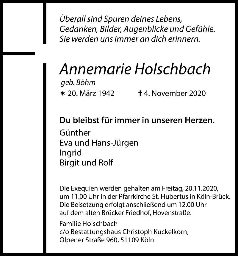  Traueranzeige für Annemarie Holschbach vom 14.11.2020 aus Kölner Stadt-Anzeiger / Kölnische Rundschau / Express