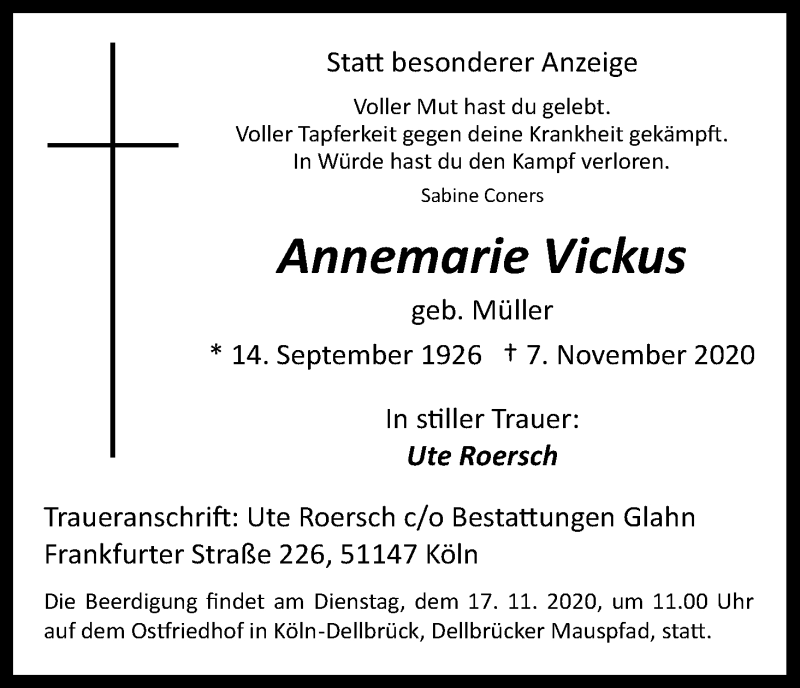  Traueranzeige für Annemarie Vickus vom 14.11.2020 aus Kölner Stadt-Anzeiger / Kölnische Rundschau / Express