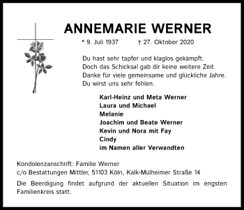 Anzeige von Annemarie Werner von Kölner Stadt-Anzeiger / Kölnische Rundschau / Express