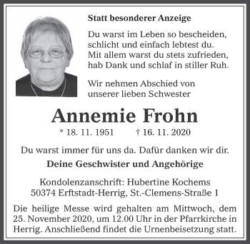 Anzeige von Annemie Frohn von  Werbepost 