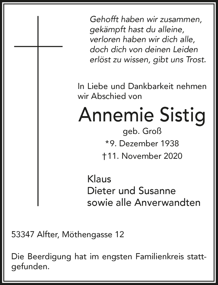  Traueranzeige für Annemie Sistig vom 20.11.2020 aus  Schaufenster/Blickpunkt 