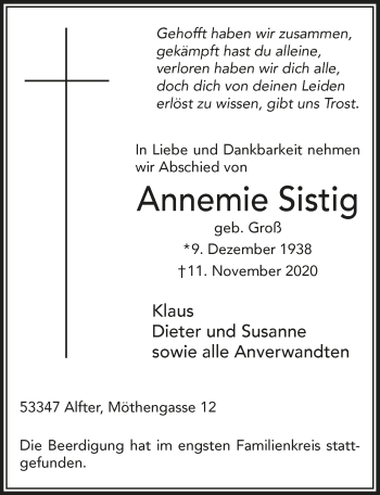 Anzeige von Annemie Sistig von  Schaufenster/Blickpunkt 