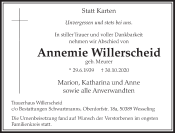 Anzeige von Annemie Willerscheid von  Schlossbote/Werbekurier 