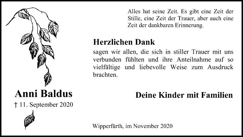  Traueranzeige für Anni Baldus vom 14.11.2020 aus Kölner Stadt-Anzeiger / Kölnische Rundschau / Express