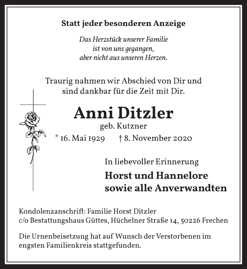  Traueranzeige für Anni Ditzler vom 20.11.2020 aus  Wochenende 