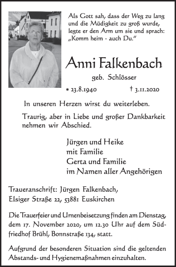 Anzeige von Anni Falkenbach von  Schlossbote/Werbekurier 