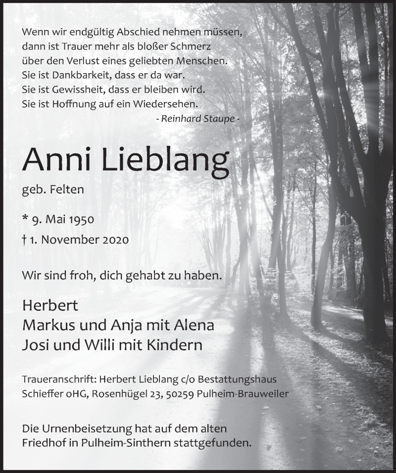  Traueranzeige für Anni Lieblang vom 13.11.2020 aus  Wochenende 