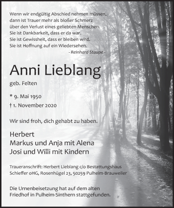 Anzeige von Anni Lieblang von  Wochenende 