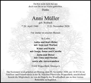 Anzeige von Anni Müller von Kölner Stadt-Anzeiger / Kölnische Rundschau / Express