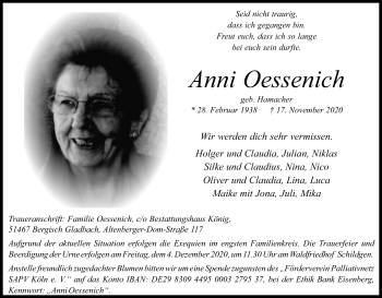 Anzeige von Anni Oessenich von Kölner Stadt-Anzeiger / Kölnische Rundschau / Express