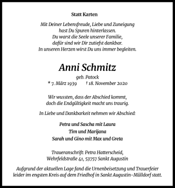 Anzeige von Anni Schmitz von Kölner Stadt-Anzeiger / Kölnische Rundschau / Express