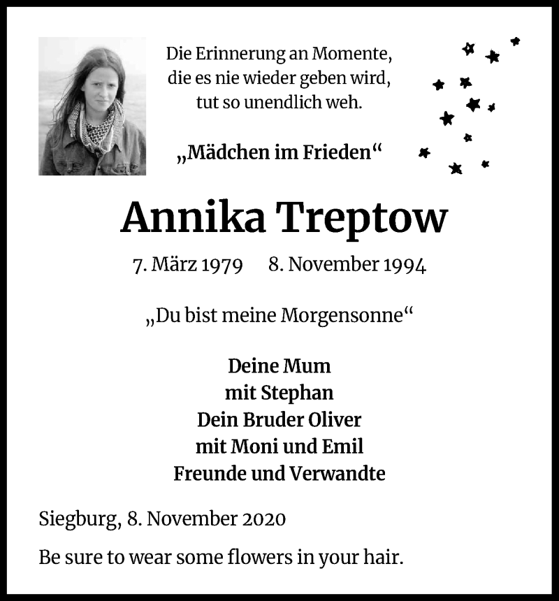  Traueranzeige für Annika Treptow vom 07.11.2020 aus Kölner Stadt-Anzeiger / Kölnische Rundschau / Express