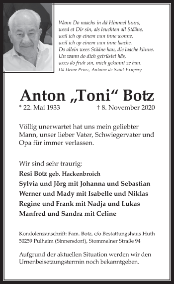 Anzeige von Anton  Botz von  Wochenende 