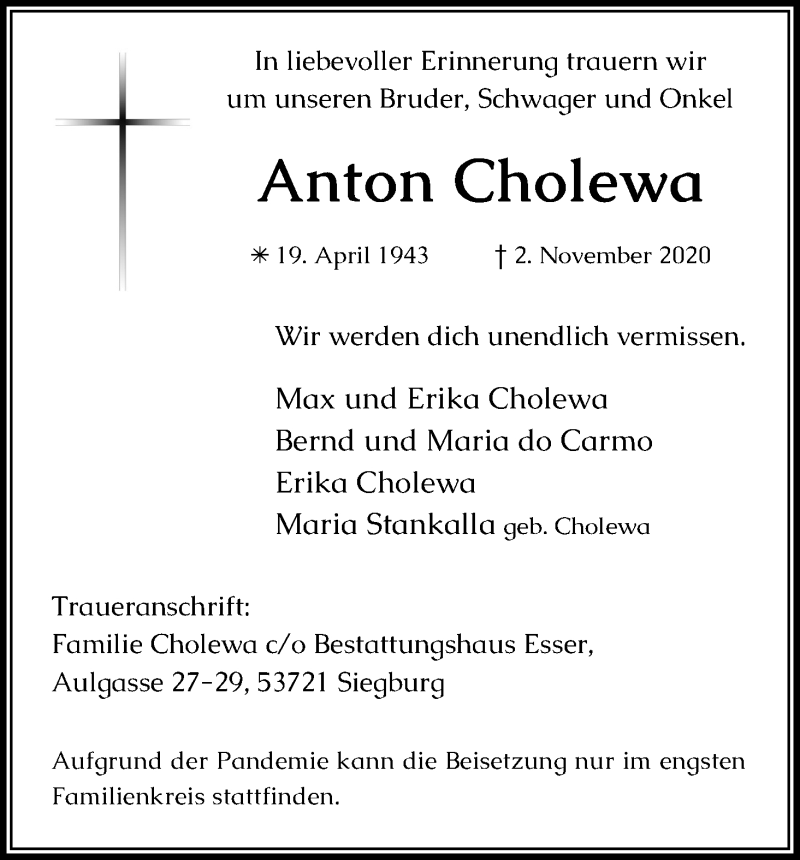  Traueranzeige für Anton Cholewa vom 07.11.2020 aus Kölner Stadt-Anzeiger / Kölnische Rundschau / Express