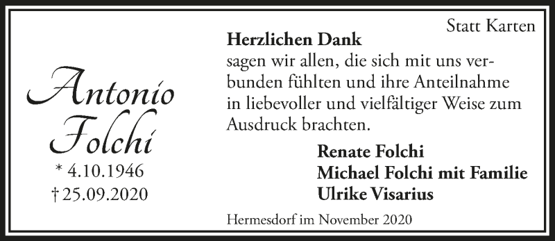  Traueranzeige für Antonio Folchi vom 06.11.2020 aus  Lokalanzeiger 