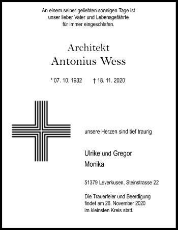 Anzeige von Antonius Wess von Kölner Stadt-Anzeiger / Kölnische Rundschau / Express