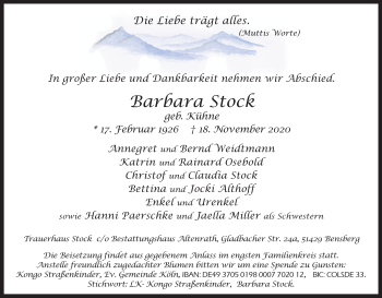 Anzeige von Barbara Stock von Kölner Stadt-Anzeiger / Kölnische Rundschau / Express