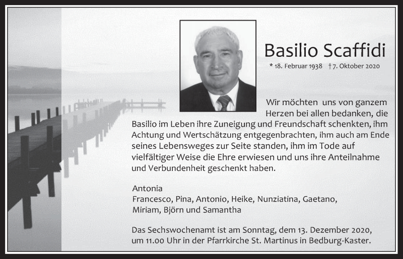  Traueranzeige für Basilio Scaffidi vom 27.11.2020 aus  Werbepost 
