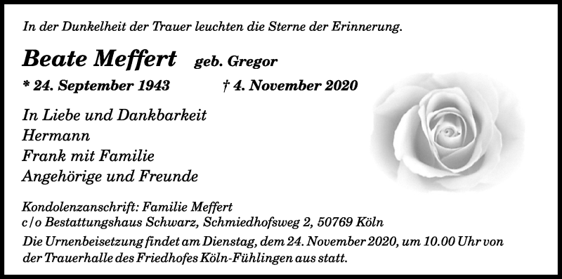  Traueranzeige für Beate Meffert vom 21.11.2020 aus Kölner Stadt-Anzeiger / Kölnische Rundschau / Express