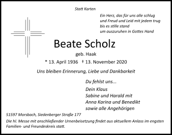 Anzeige von Beate Scholz von  Lokalanzeiger 