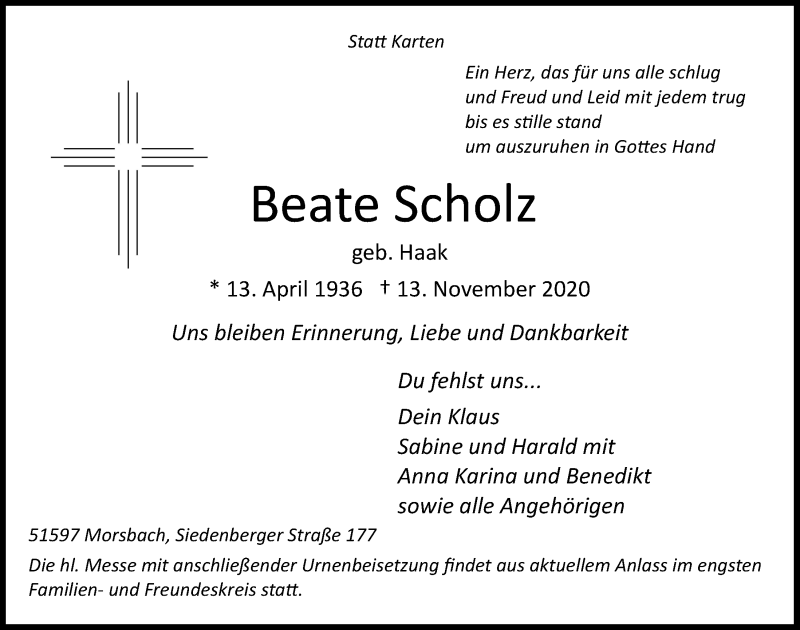  Traueranzeige für Beate Scholz vom 20.11.2020 aus  Lokalanzeiger 