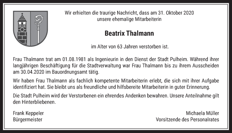  Traueranzeige für Beatrix Thalmann vom 20.11.2020 aus  Wochenende 