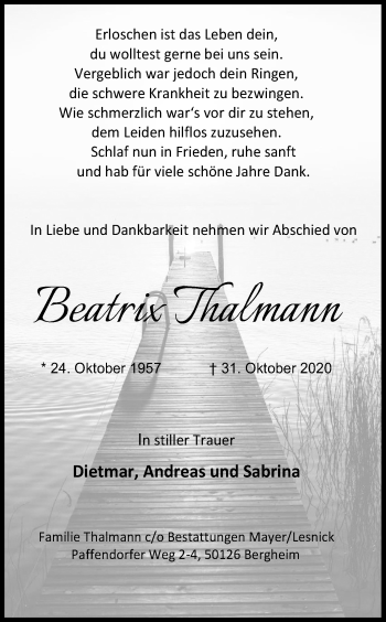 Anzeige von Beatrix Thalmann von Kölner Stadt-Anzeiger / Kölnische Rundschau / Express