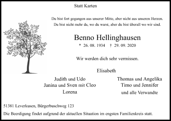Anzeige von Benno Hellinghausen von Kölner Stadt-Anzeiger / Kölnische Rundschau / Express