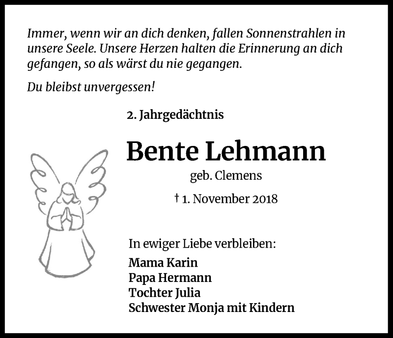 Traueranzeige für Bente Lehmann vom 02.11.2020 aus Kölner Stadt-Anzeiger / Kölnische Rundschau / Express
