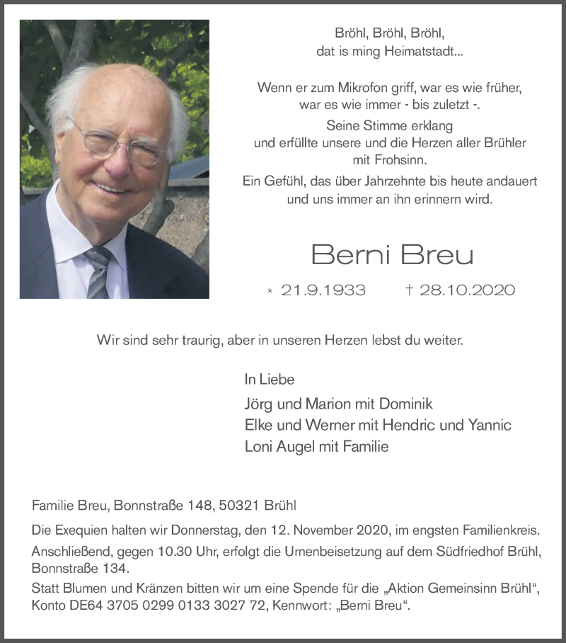  Traueranzeige für Bern Breu vom 06.11.2020 aus Kölner Stadt-Anzeiger / Kölnische Rundschau / Express