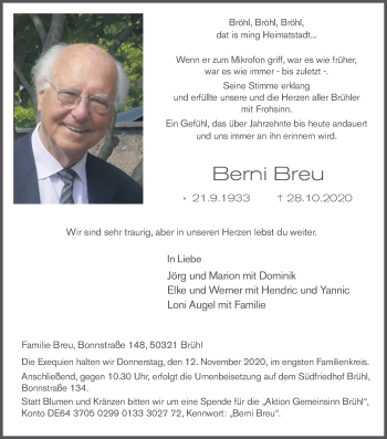 Anzeige von Bern Breu von Kölner Stadt-Anzeiger / Kölnische Rundschau / Express
