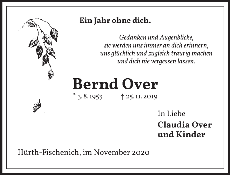  Traueranzeige für Bernd Over vom 27.11.2020 aus  Schlossbote/Werbekurier 