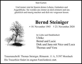 Anzeige von Bernd Steiniger von Kölner Stadt-Anzeiger / Kölnische Rundschau / Express