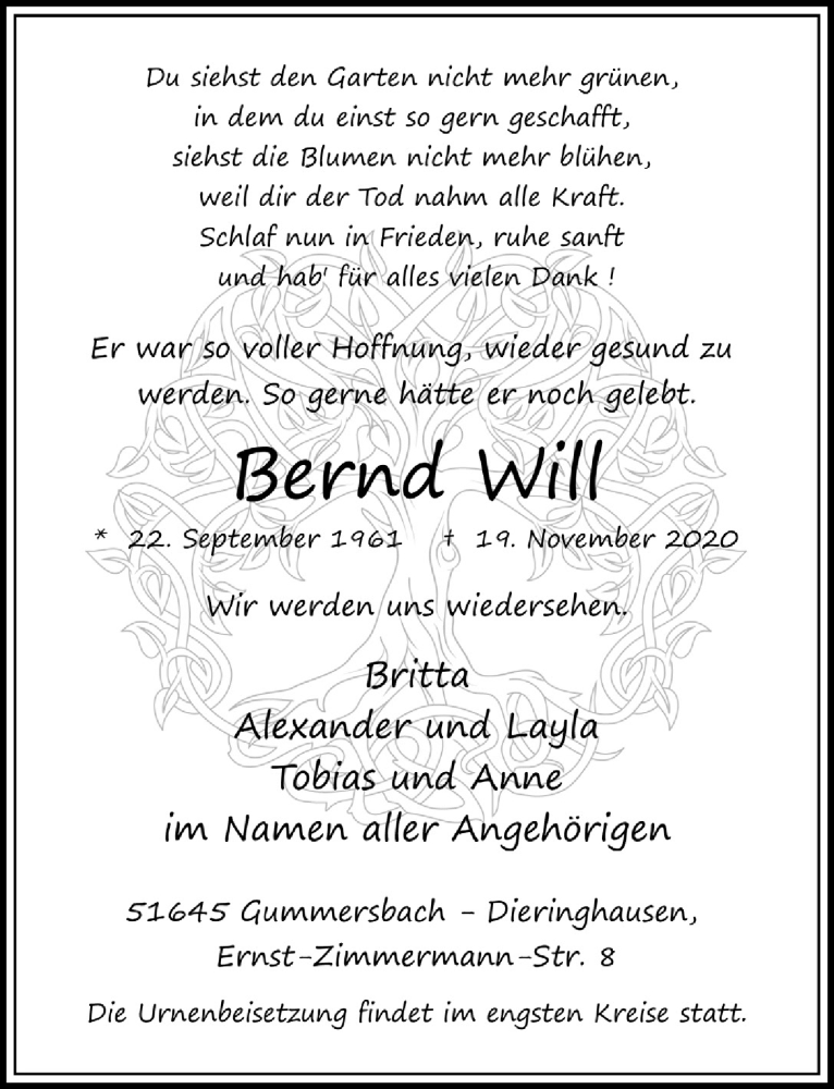  Traueranzeige für Bernd Will vom 27.11.2020 aus  Anzeigen Echo 