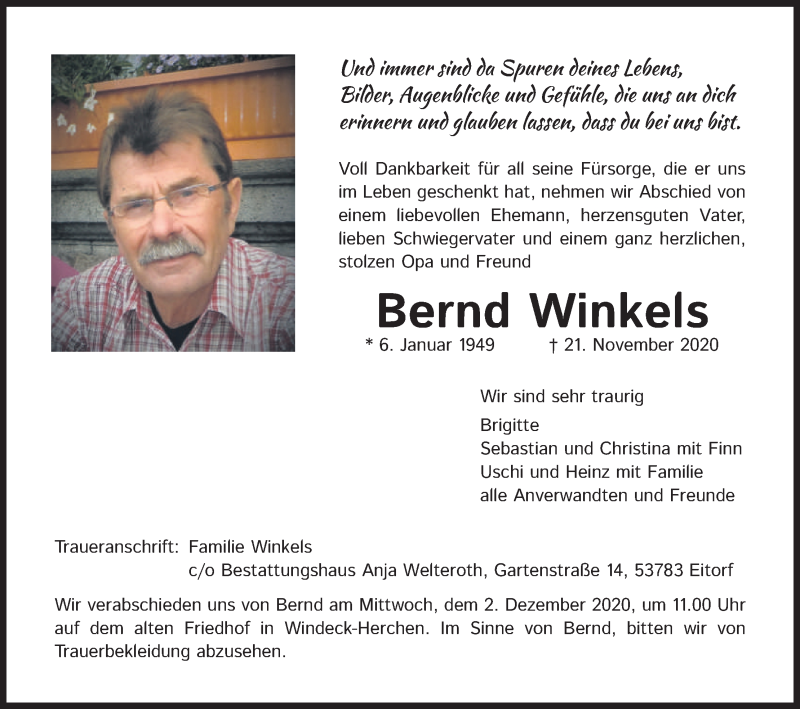  Traueranzeige für Bernd Winkels vom 28.11.2020 aus Kölner Stadt-Anzeiger / Kölnische Rundschau / Express
