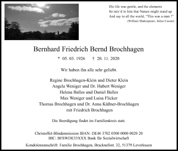 Anzeige von Bernhard Friedrich Brochhagen von Kölner Stadt-Anzeiger / Kölnische Rundschau / Express
