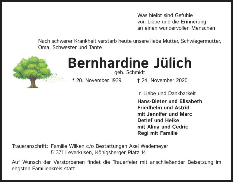  Traueranzeige für Bernhardine Jülich vom 28.11.2020 aus Kölner Stadt-Anzeiger / Kölnische Rundschau / Express