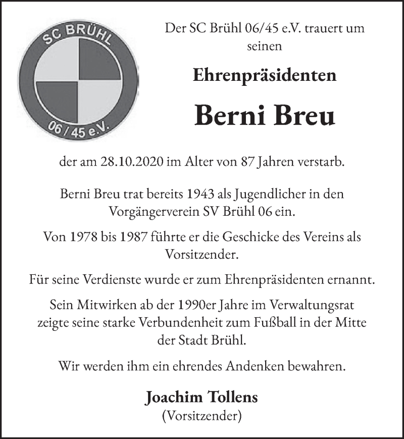  Traueranzeige für Berni Breu vom 18.07.2023 aus  Schlossbote/Werbekurier 