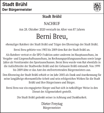 Anzeige von Berni Breu von  Schlossbote/Werbekurier 