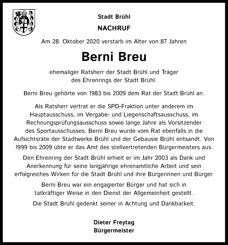  Traueranzeige für Berni Breu vom 18.07.2023 aus Kölner Stadt-Anzeiger / Kölnische Rundschau / Express