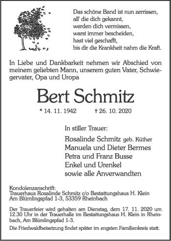 Anzeige von Bert Schmitz von  Schaufenster/Blickpunkt 