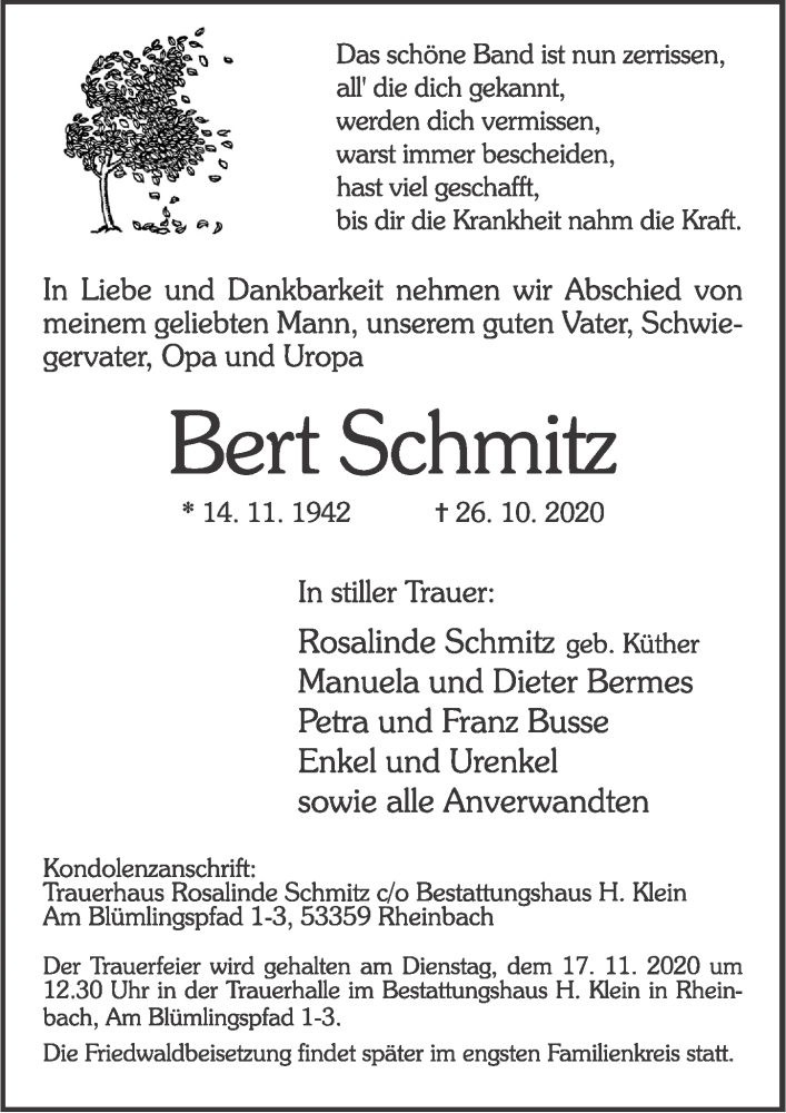  Traueranzeige für Bert Schmitz vom 06.11.2020 aus  Schaufenster/Blickpunkt 
