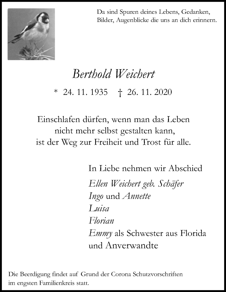  Traueranzeige für Berthold Weichert vom 30.11.2020 aus Kölner Stadt-Anzeiger / Kölnische Rundschau / Express