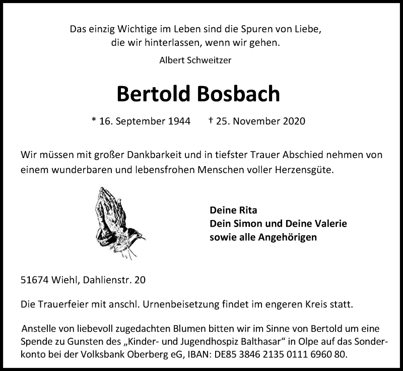 Traueranzeige für Bertold Bosbach vom 28.11.2020 aus Kölner Stadt-Anzeiger / Kölnische Rundschau / Express