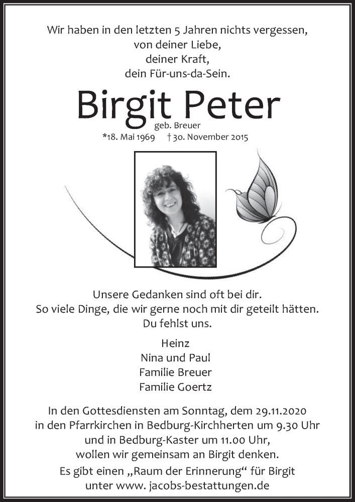  Traueranzeige für Birgit Peter vom 20.11.2020 aus  Werbepost 