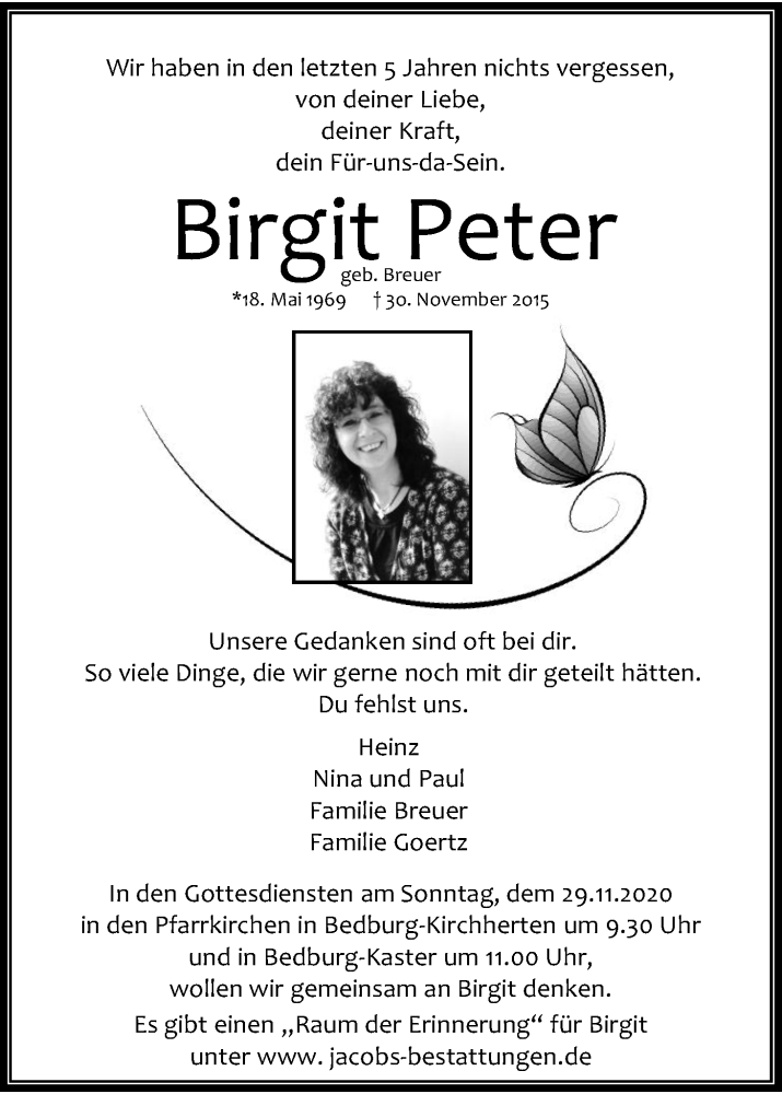  Traueranzeige für Birgit Peter vom 21.11.2020 aus Kölner Stadt-Anzeiger / Kölnische Rundschau / Express