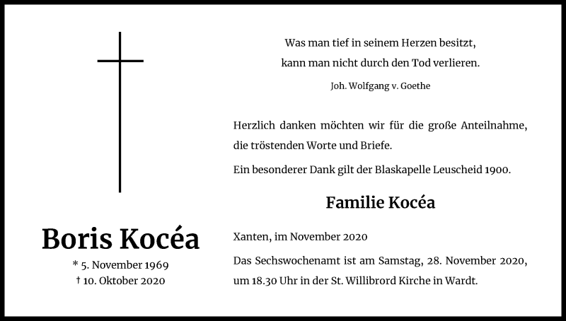  Traueranzeige für Boris Kocéa vom 27.11.2020 aus Kölner Stadt-Anzeiger / Kölnische Rundschau / Express